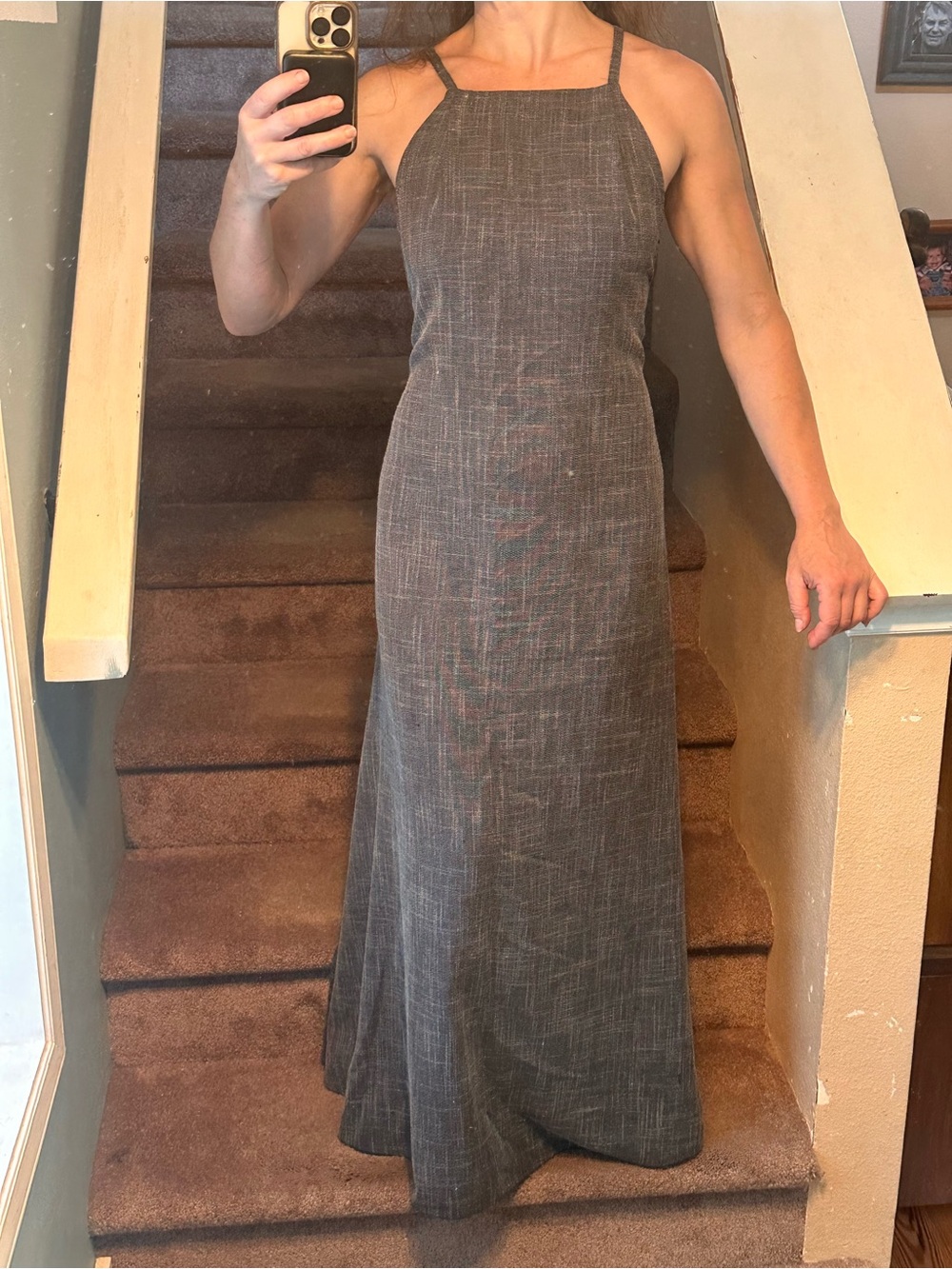 Sleeveless Gray Apron Style Halter Maxi Dress